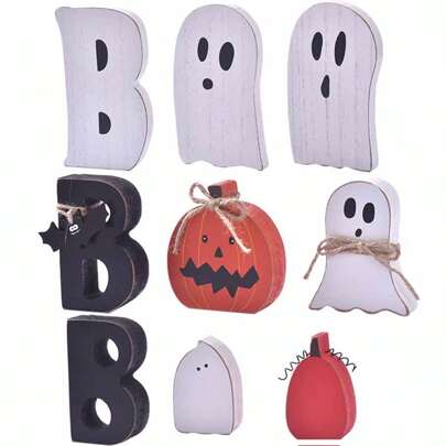 3pcs/Set Farmhouse Halloween Cute Ghost BOO Decorations Halloween Table Decorations Indoor Mini Black White BOO Wood Plank Signs, Rustic Tiered Tray Decor Wooden Ghost Desk Office Decor For Halloween Decor
