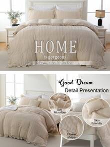 3 件套米色条纹镂空花卉荷叶边羽绒被套套装（1 个羽绒被套 + 2 个枕套，无填充物），日常使用，柔软合成面料，适用于卧室、主卧、客房，四季皆宜，是送给女性的绝佳礼物 - 淺卡其色 - 查看 3