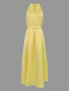 Women's Solid Color Midi Dress V-Neck Sleeveless High Waist Pleated Party Dresses - Màu vàng - Xem 2