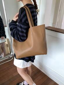 简约大容量黑色托特包，女士休闲百搭上班通勤单肩手提包，2025新款时尚斜挎包 - 棕色 - 查看 9