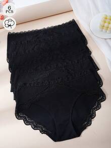 6 条装 黑色棉质女士内裤 蕾丝镂空比基尼内裤 弹力女士三角裤 S-XXL - 黑色 - 查看 6