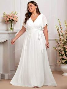 Frauen Große Größen faltende einfarbige gerüschte V-Ausschnitt Rüschenärmel Abendkleider, weiße elegante Kleider Hochzeitskleid, Braut