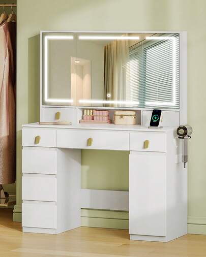 HEXCELEN Dressing Table, HD Large Mirror, Vanity Desk With 3 Color LED Lights, Adjustable Brightness, Vanity Table With Power Strip And Hair Dryer Rack, 8 Drawers, 1 Storage Cabinet, White
