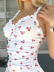 Cherry Print Frill Trim Ruched Bodycon Dress With Thong, Lingerie Bridallingerie - White - View 6