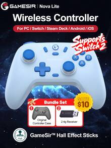 GameSir PC游戏手柄，兼容2个手柄，Nova Lite摇杆，兼容Switch、Steam、Deck、安卓、iOS设备和Windows系统，霍尔效应摇杆，配备原装手柄保护套，高性价比，模拟扳机键，双震动马达，支持连发，游戏主机配件，600mAh锂电池，支持无线（2.4G）或有线连接，蓝色