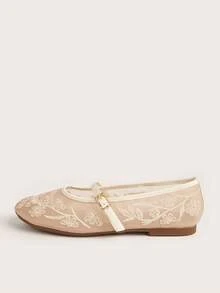 2025秋季休闲/通勤/度假风杏色网眼透气刺绣罗马平底凉鞋，春夏款，芭蕾平底鞋，玛丽珍鞋 - 杏色 - 查看 3