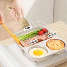 Non-Stick Enlarged Omelette Pan 3 In 1 Breakfast Pan Mini Burger Pan, Non-Burning Raised Handle, Multi-Purpose, Beautiful And Practical.Hamburger Skillet, Household Nonstick Skillet, Nonstick Skillet For Frying Eggs, Egg Burger Pan With Wooden Handle, Omelette Pan, Nonstick Omelette Steak, Ham Omelette, Breakfast Maker (3 And 4 Holes) - White - View 4