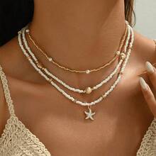 3 Pieces, Women's Fashion Neck Chain, Summer Beach Vacation Shell Starfish Pendant Rice Bead Chain Neck Chain Simple Girl Style Imitation Pearl Inlaid Golden Bead Multi-Layer Necklace Set, Glass Rice Bead Material, Summer Beach Vacation Gift For Girlfriend, Summer Rice Bead Necklace RPGU - 白色-3條 - 查看 8