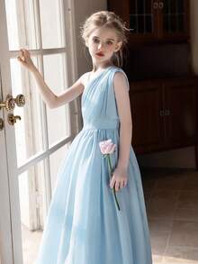 少女蓝色雪纺全长礼服，度假婚礼派对礼服 - 藍色 - 查看 6