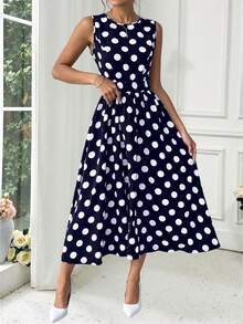 Elegante vestido midi sin mangas, vestido con estampado de lunares - Azul - Ver 3