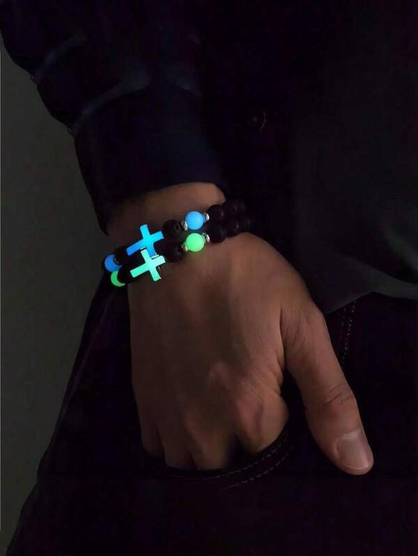 Pulseira de contas cruzadas retrô luminosas de pedra vulcânica, 1 peça, brilho multicolorido