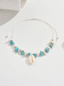 1 peça de tornozeleira de camada dupla essencial para praia e verão, cor azul e branca, fresca e charmosa com elementos de estrelas do mar e conchas, acabamento delicado e uso confortável