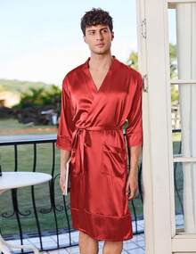 Mens Satin Robe Lightweight Silky Kimono Bathrobe 3/4 Sleeve Spa Knee Length Loungewear With Pockets S-3XLhalloween - Red - View 8