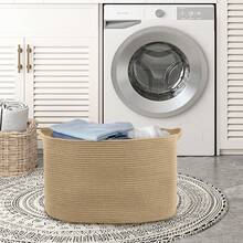 Large Jute Rectangle Rope Basket, 23.6" X 17" X 12" Blanket Storage For Living Room, Pool Towel Basket, Woven Baby Floor Laundry Hamper For Clothes, Toy Storage Bin, Bathroom Towel Storage - 白色 - 查看 7