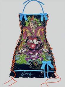2025 Popular Fashion Sexy Retro Halloween Skull Positioning Print Oil Painting Drawstring Tube Top Suspender Dress - 藍色 - 查看 1