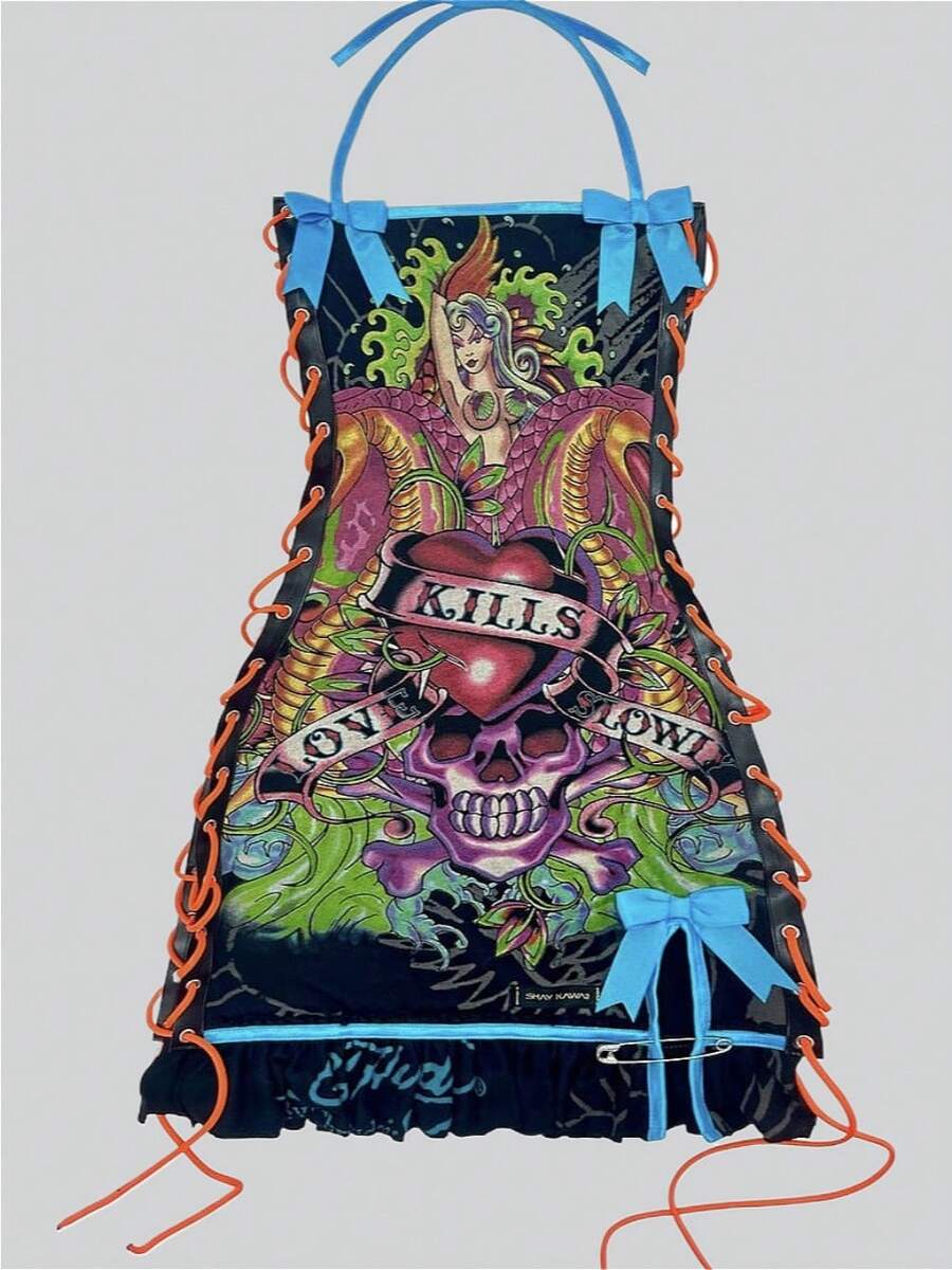 2025 Popular Fashion Sexy Retro Halloween Skull Positioning Print Oil Painting Drawstring Tube Top Suspender Dress - 藍色 - 查看 1