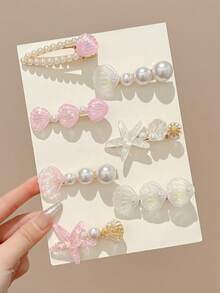 5 Pieces Flat Hair Clips For Women With Blue Starfish & Mermaid Tail Design With Shells, Ocean Theme Suitable For Daily Use, Alligator, Hair Slider - 白色 2 - View 2