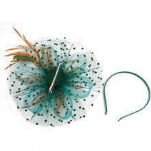Derby Fascinators Women High Tea Party Hat Wedding Cocktail Flower Headware With Mesh And Feathers - 橙色&淺藍色 - 查看 8