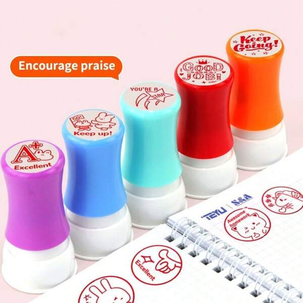 1pc Color Random Circular Teacher Commendation Seal - Durable Plastic Classroom Rating And Encouragement Seal With Customizable Student Feedback, Teacher Office Supplies, Joyful Design Stamp Pad | Easy To Use, Teacher Appreciation Gift
