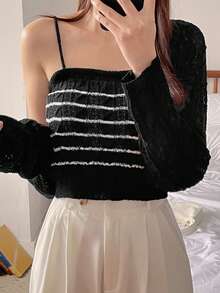 2025春夏宽松女长袖开衫+条纹吊带背心