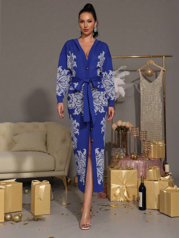 Vestido de punto con capucha, abotonadura frontal, abertura lateral y cinturón, de largo medio, para mujer, de estilo sexy, urbano y elegante. Cárdigan largo de punto de estilo moderno y festivo para mujer, en color azul.