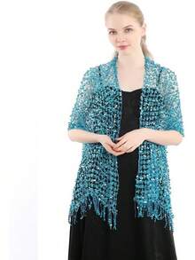 Women's Long Sequin Shawls 1920s Scarf Mesh Glittering Wedding Cape Fringed Evening Wrap Formal Harlem Night - 藍色 - 查看 3