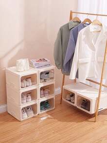 1pc New Creamy Style Large Storage Box,Plastic Flip-Top No Install Shoe Cabinet Dustproof Transparent Magnetic Foldable Shoebox - Beige - View 4