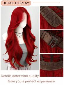 26 英寸红色波浪蕾丝前假发，合成丝直发，耐热纤维，红色角色扮演假发，适合女性 - 紅色 - 查看 6