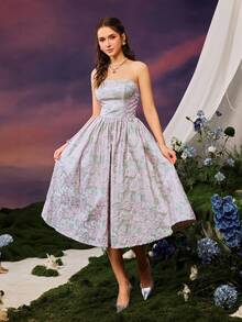 Faeriesty 无肩带中长款花卉刺绣连衣裙，采用编织提花面料 - 飘逸的 A 字裙，适合春夏季花园派对和婚礼宾客着装（柔和的薰衣草和薄荷色调，浪漫优雅）