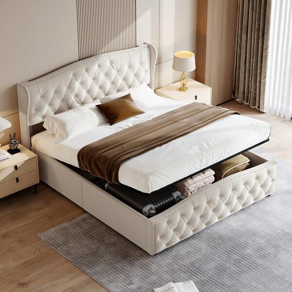 Creahappy Polsterbett 140x200 cm, Hydraulisches Stauraumbett mit Stil und Komfort, Funktionsbett Jugendbett Inklusive Lattenrost und Modernem Kopfteil, Samt, Ohne Matratze Beige