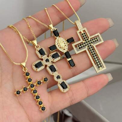 Gothic Punk Style Black Cross Pendant Necklace, Copper Plated CZ, Personalized Religious Jewelry For Women, Suitable For Daily Wear/Festival Gifts