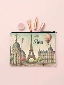 1pc Parisian Dreams Makeup Bag - Eiffel Tower & Hot Air BalloonDesign, Unscented, With Secure Zipper - Ideal For Travel & Everyday Use-Perfect Gift For Women On Christmas, Birthdays, Graduationstravel Essentials Vacation Summer Holiday Back To School School Stuff Bag For School Wash Bag Travel Supplies Waterproof Toiletry Bag