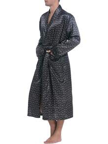 Lavenderi Mens Silky Satin Lounge Robe, Long Lightweight Sleepwear - Grey Print - View 3