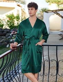 Mens Satin Robe Lightweight Silky Kimono Bathrobe 3/4 Sleeve Spa Knee Length Loungewear With Pockets S-3XLhalloween - 綠湖 - 查看 4