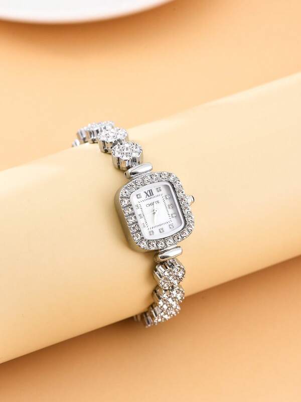 1 Stück CHISTE Damen modische Armbanduhr mit vollständig Kristallen besetzt, luxuriöse, minimalistische, vielseitig einsetzbare ovale Ziffernblatt-Uhr mit Perlmuttgesicht und Diamanten