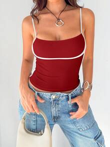 Mystra Women's Contrast Color Simple Everyday Camisole - Burgundy - View 4