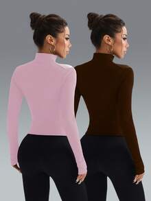 FWH 女士修身拉链弹力休闲显瘦瑜伽外套，撞色设计，适合跑步和日常穿着，时尚性感紧身长袖 - 彩色 - 查看 2