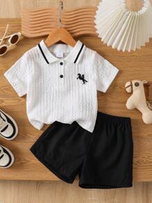 2pcs/Set Young Boys Summer New Casual Horse Embroidery Knit Short Sleeve Polo Shirt And Shorts Outfit