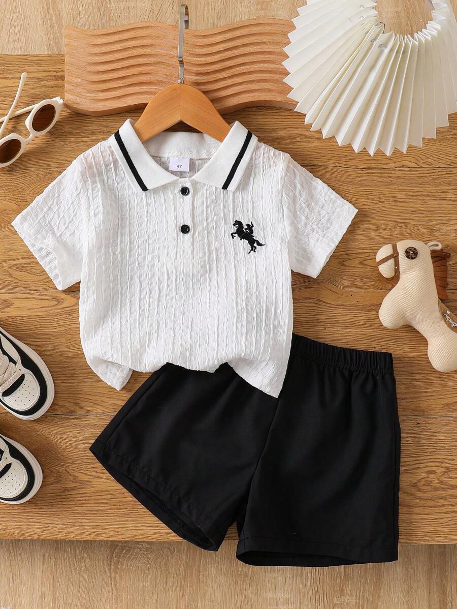2pcs/Set Young Boys Summer New Casual Horse Embroidery Knit Short Sleeve Polo Shirt And Shorts Outfit
