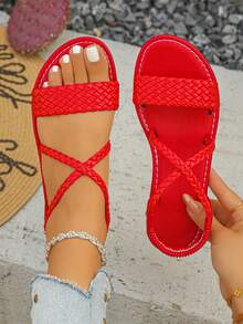 女士夏季新款罗马风格休闲平底凉鞋，纯色沙滩度假时尚 PU 皮革编织海滩派对婚礼度假办公室户外，春夏