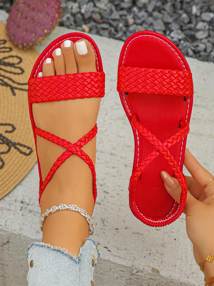 女士夏季新款罗马风格休闲平底凉鞋，纯色沙滩度假时尚 PU 皮革编织海滩派对婚礼度假办公室户外，春夏