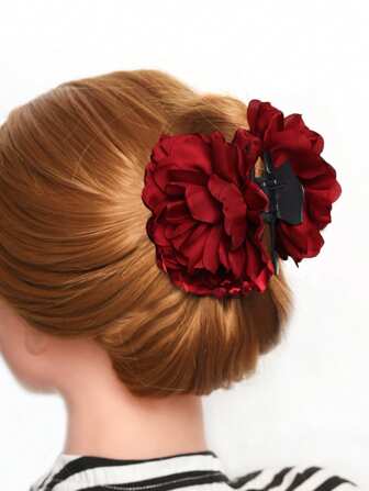 1pc Velvet Camellia Flower Burnt Edge Large Hair Clip Hairpiece, School Stuff, College Hair Accessories Fashion Hair Claw Clips Autumn Accessories Fall Winter For Vacation Outfits Woman