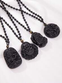 1pc Chinese Style Obsidian Stone Dragon Pixiu God Of Wealth Pendant Necklace - Black - View 1