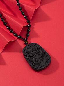 1pc Chinese Style Obsidian Stone Dragon Pixiu God Of Wealth Pendant Necklace - Black - View 3