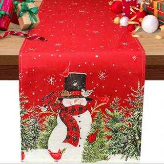 1 Piece Of Holiday Christmas Table Decoration Cloth, Featuring Designs Of Snowmen And Christmas Tree, As Well As Snowflake Patterns, Red And White Holiday Decorations, Suitable For Table Decoration. Made Of Linen Material And Rectangular Shape, It Is Perfect For Christmas Celebrations And Decorations.