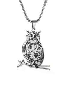 1pc Fashion Stainless Steel Flat Mechanical Doll, Owl Animal Pendant Necklace, Unisex Jewelry Casual Gift