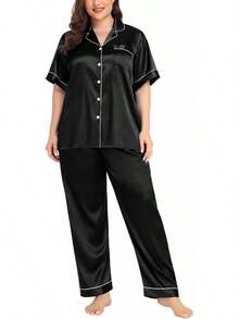 SWOMOG Women's Plus Size Silk Satin Pajama Set Short Sleeve Shirt With Full-Length Pants Pjs Sleepwear Set 18W-26W - Two Pockets-carbon Black - View 7