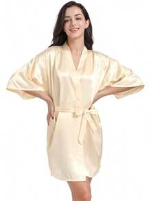 Damen Satin Kimono Braut Badmantel mit Goldenem Glitzer, Gürtel für Hochzeit Party, Brauttag Morgenmantel