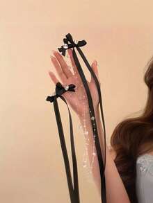 2 件套蝴蝶结水钻丝带雪纺发夹，甜美风格，适合 14 岁以上儿童，纯色发饰套装