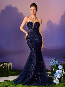 Elegantes Meerjungfrau-Paillettenkleid mit Mesh-Stickerei, geeignet für Hochzeitsgäste, Tanzen, Partys und Bankette - marineblau - Übersicht 4